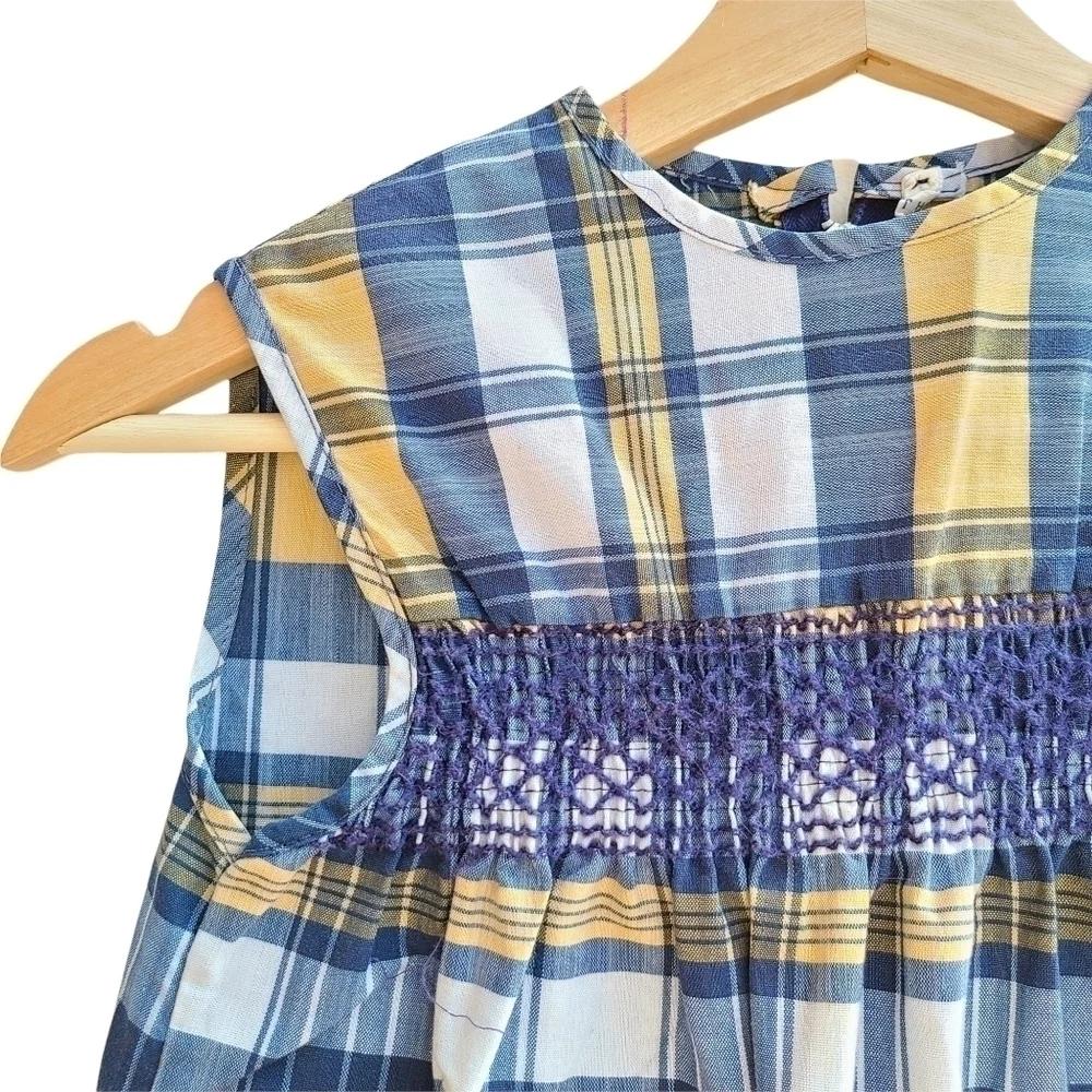 Karp Kid's Plaid Dress, Smocking, Blue And Yellow, Size 12 Kids